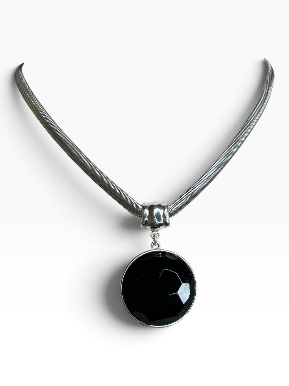 Trifari Black Faceted Pendant Silver Tone Snake Chain Necklace